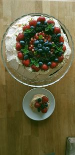 High angle view of strawberries on table