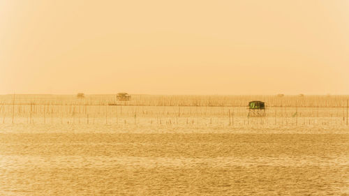 Hay bales on field against clear sky