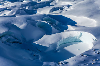 High angle view of snow on bed