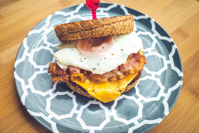 High angle view of breakfast served on table