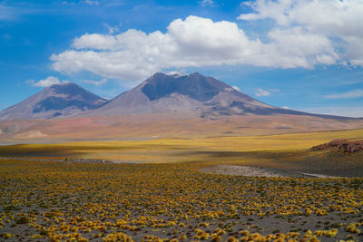 Scenic view of snowcapped mountains against sky