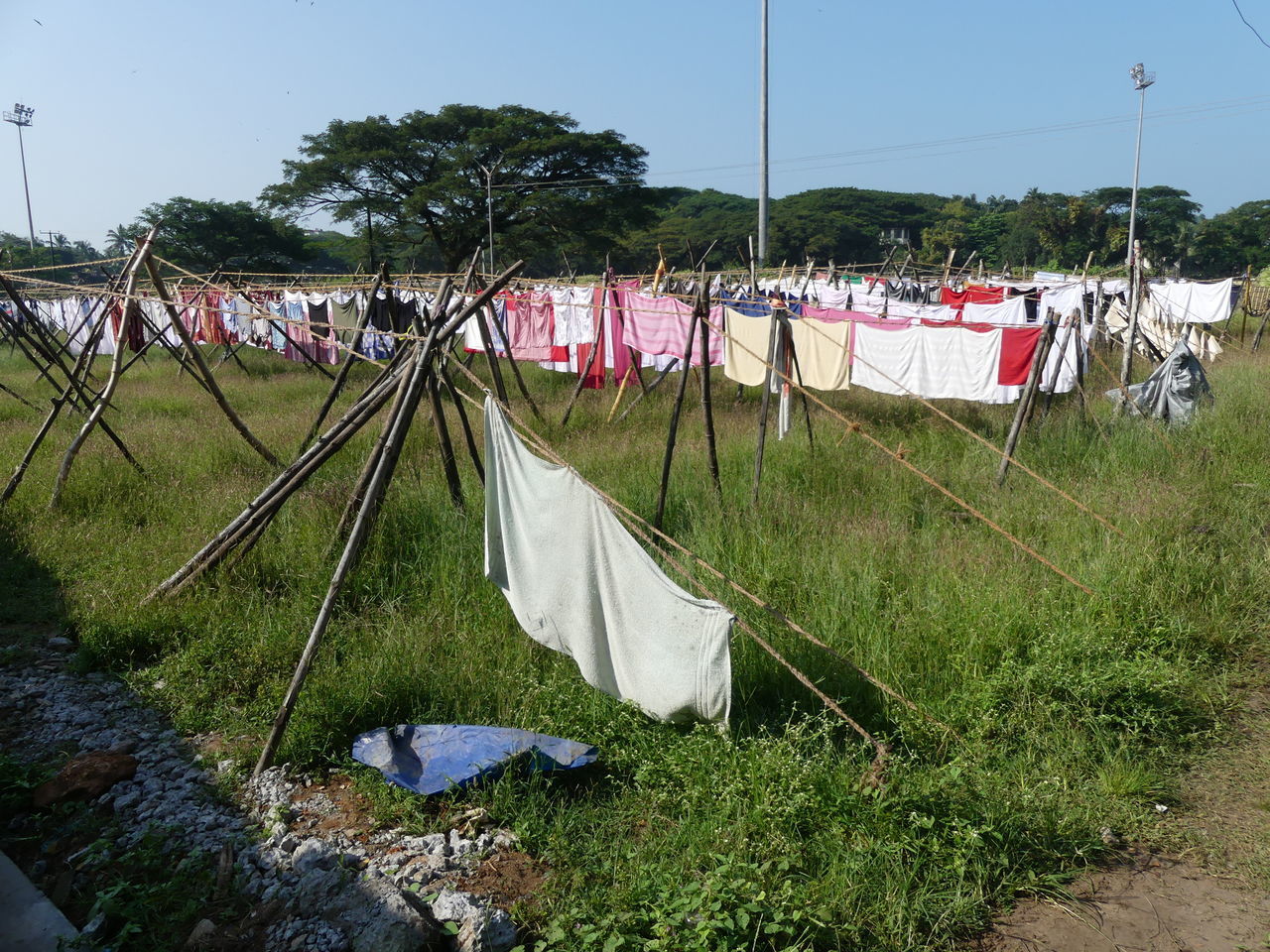 CLOTHES DRYING ON RAILROAD TRACK AMIDST FIELD