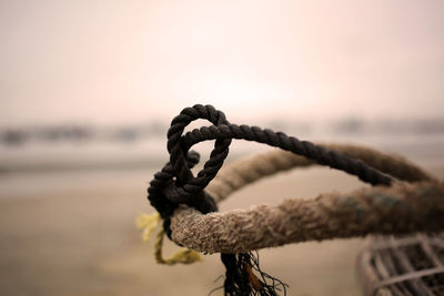Close-up of ropes tied up at beach