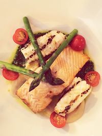 High angle view of food served in plate