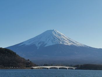 Scenic view of snowcapped mountains against clear blue sky