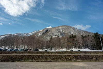 Panoramic shot of road by trees against sky