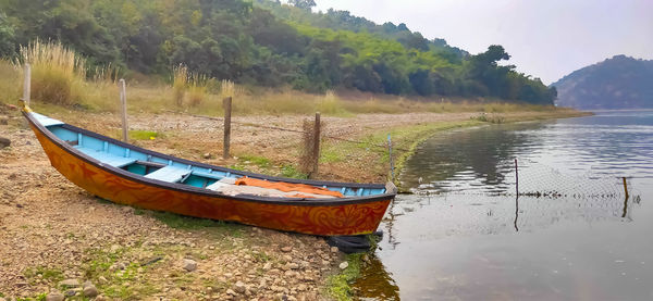 Boats moored on lake by trees