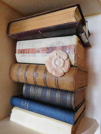 High angle view of books on table