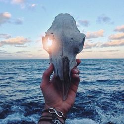 Cropped image of hand holding sea against sky