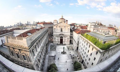 High angle view of buildings in city