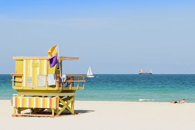 Panoramic view of miami beach with a wooden lifeguard station with warning flags. 