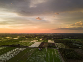 Scenic view of agricultural field against sky during sunset