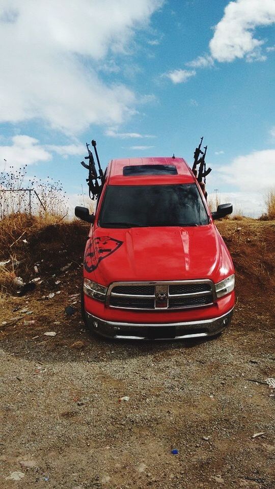 sky, cloud - sky, transportation, car, red, day, no people, outdoors