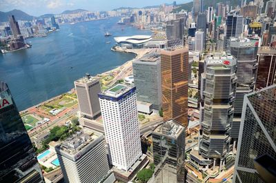 High angle view of modern buildings in city