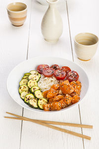 High angle view of breakfast on table