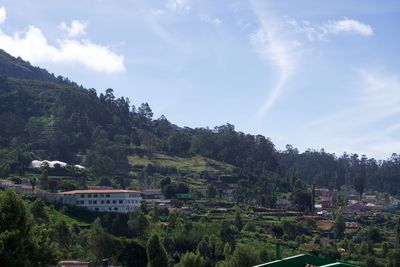 Scenic view of trees and buildings against sky