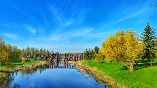 Scenic view of lake against blue sky