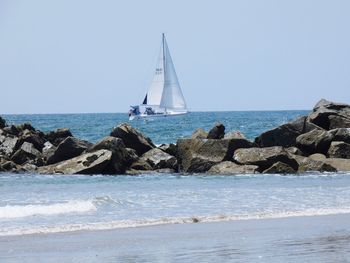 Sailboats on sea against clear sky