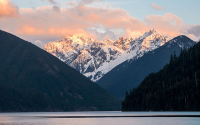 Scenic view of snowcapped mountains against sky during sunset