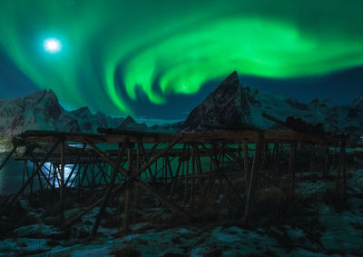 Scenic view of mountains against sky at night during winter