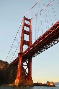 Low angle view of golden gate bridge over river against sky