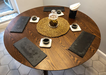 High angle view of coffee on table