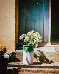 Low ange view of flowers in jug by door
