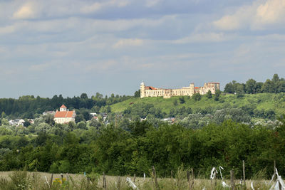 Trees and buildings on field against sky