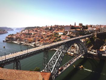 High angle view of dom luis i bridge over river in city against clear sky