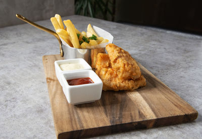 High angle view of serving food on table