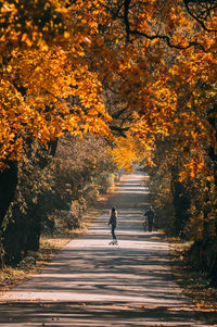 Rear view of people walking on footpath during autumn