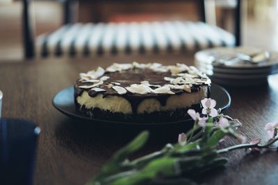 Close-up of cake in plate on table