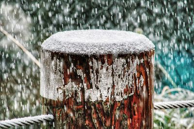 Close-up of frozen wooden post during winter