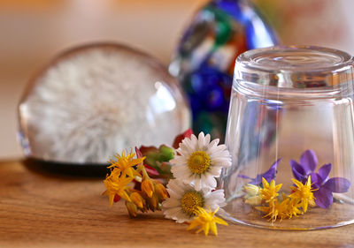 Close-up of flowers in jar on table