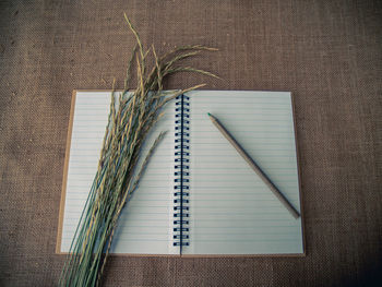 High angle view of open book on table