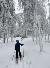 Rear view of person on snow covered land