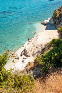 High angle view of people at beach on sunny day