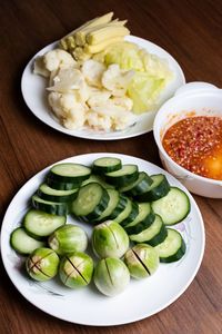 High angle view of salad in bowl on table