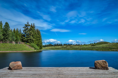 Scenic view of lake against blue sky