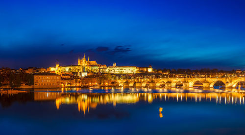 View of charles bridge karluv most and prague castle prazsky hrad in twilight. panorama