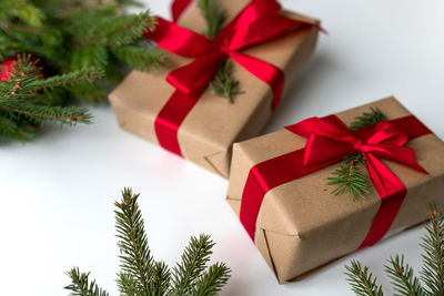 Close-up of christmas presents on table