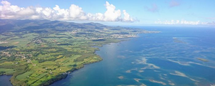 Aerial view of landscape and sea against sky