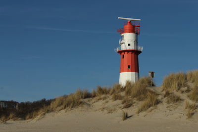 Lighthouse on beach against sky