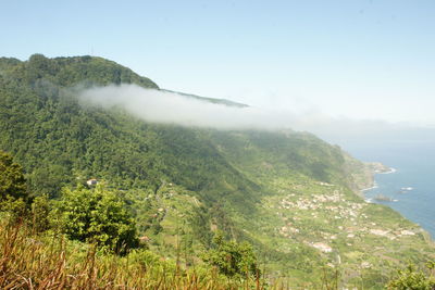 Scenic view of landscape and sea against sky