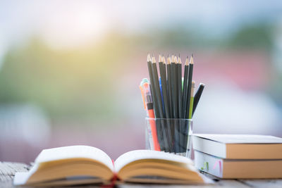 Close-up of books on table