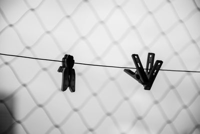 Close-up of metal hanging on chainlink fence