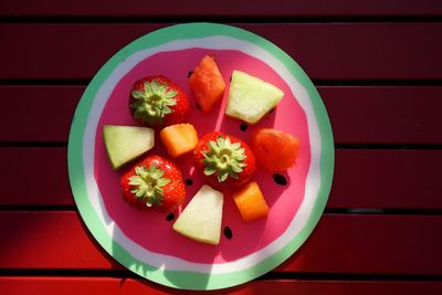 High angle view of fruits in bowl on table