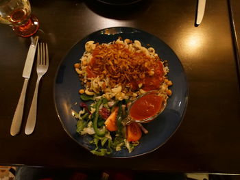 High angle view of meal served on table