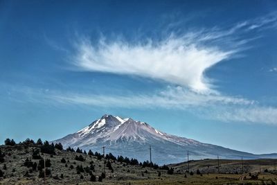 View of mountain range against blue sky