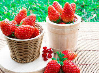 Close-up of strawberries in basket on table